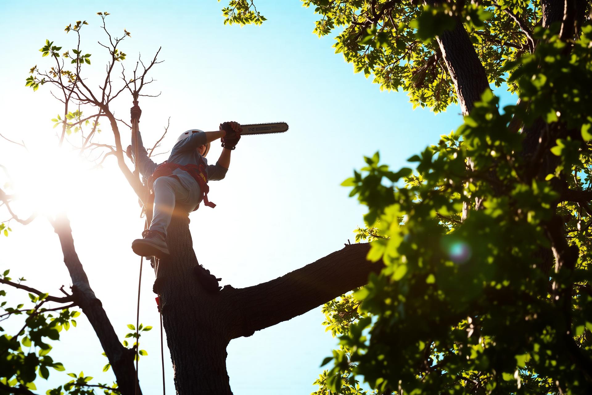 Yose Tree Works arborist climbing a tall oak with a chainsaw
